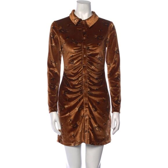 House Of Harlow 1960 Brown Velvet Button Down Ruched Floral Mini Dress Medium - Picture 1 of 6